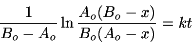 \begin{displaymath}
\frac{1}{B_o - A_o} \ln \frac{A_o(B_o-x)}{B_o(A_o-x)} = kt
\end{displaymath}